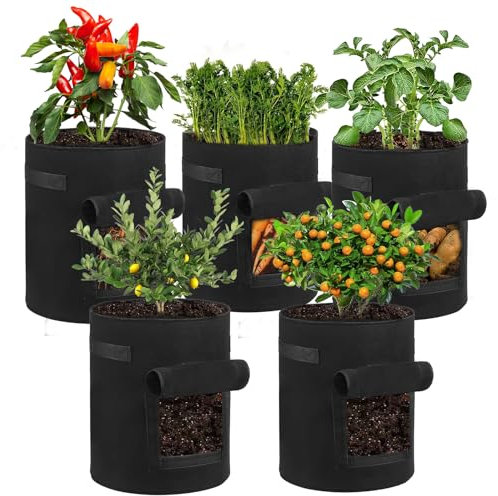 EAEVKPI 5 Piezas Bolsas de Cultivo de Patatas, 10 Gallones Bolsas para Plantar Patatas con Asas y Ventana, Bolsa de Siembra No Tejida para Patatas, Hortalizas, Frutas, Flores Plantas, Negro
