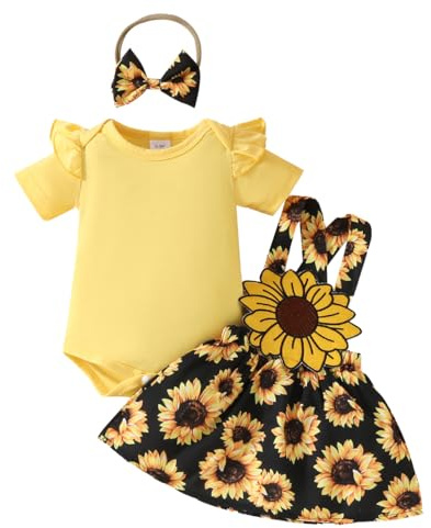LUVCES Neonata Gonne Set Maniche Corte con Volant Pagliaccetto Top + Tuta Stampata Abito con Bretelle +Fascia per Capelli Set di Abiti Estivi Completo Girasole giallo 3-6 Mesi