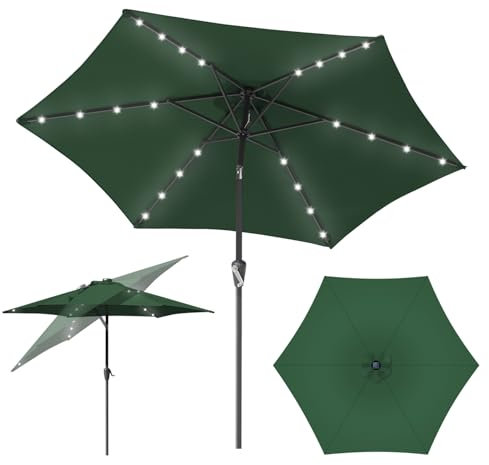Fiqops Sonnenschirm LED Solar Ø 270 cm Grün mit Kurbel | Ampelschirm Gartenschirm Sonnenschutz 30° knickbar UV Schutz 50+, Kurbelschirm Marktschirm wasserdicht für Garten, ohne Ständer