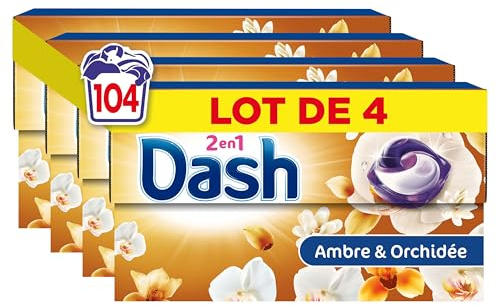 Dash 2en1 PODS, Lessive En Capsule, 104 Lavages (4 x 26 Lavages), Souffle Précieux, 3 SEMAINES DE FRAÎCHEUR* AVEC L’ADOUCISSANT LENOR, Fabriquée En France, Dash 2in1