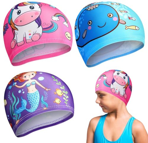 3 PCS Badekappe Kinder, Badekappe Mädchen, Badekappes Kinder Jungen, Badekappes, Geeignet für Jungen und Mädchen Im Alter Von 2-12 Jahren, Reißfest – Geeignet für Langes Und Kurzes Haar/C