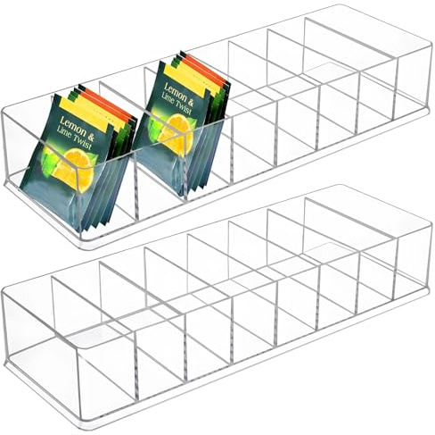 2 PCS Tea Bag Organizers, 8-Slot Clear Tea Bag Holders, Drink Packet Holder, Pantry Storage Divider Container, Beverage Bag Storage Bin, Clear Plastic Drink Package Organizer for Kitchens, Offices