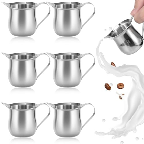 Bricchetto per latte, 6 pezzi, 90 ml, in acciaio inox, con bacchette per mescolare, barista, caffè, ristoranti, bar, per latte, cappuccino, bevande, desserts, cocktail