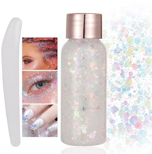 Gel de Purpurina para Cara y Cuerpo 50ml,Maquillaje Festival,Carnaval, Fiestas,Halloween,Gel Glitter para Ojos,Labios,Cabello,Piel,Brillo Sirena Blanco