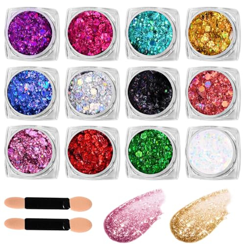 Paillettes Visage Festival Gel Paillettes Visage 12 Couleurs, Paillette Maquillage Set Paillette Festival pour Visage, Corps, Ongles, Cheveux, Carnaval, Fête, Noël, Mascarade et Maquillage de Soirée
