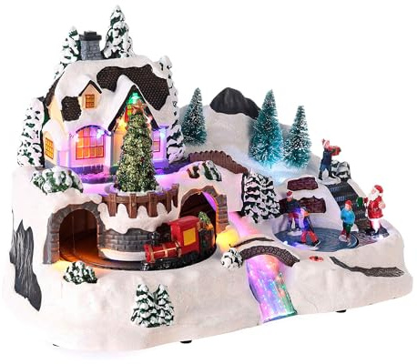 Well Home Pueblo Navideño para decoración con Escena en Movimiento y Luces LED 37x22,5x25,7cm