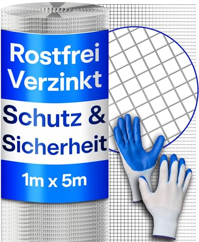Praknu Grillage à Poules Fine – 1 x 5 m Rouleau Inoxydable avec Gants – Grillage Anti-Rongeurs Jardin & Poulailler 100 cm– Filet Métallique pour Clôture, Enclos, Volière – 6 mm