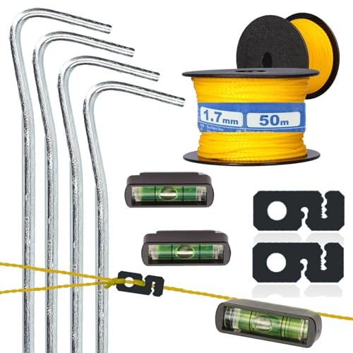 Maurerschnur Set bestehend aus Maurerschnur 50m x 1,7mm (Richtschnur) Maurerschnurspanner (Schnurspanner) mobile Schnurwasserwage und Erdnägel (Erdnagel)