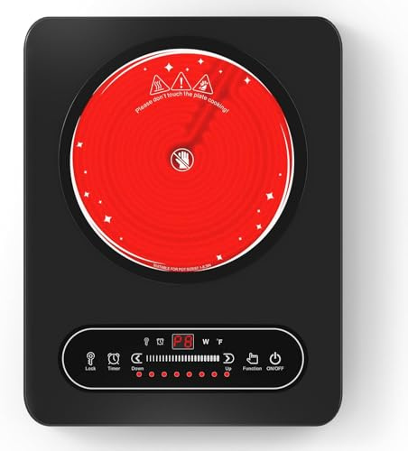 VBGK Vitroceramica Portatil 2000W, Vitro Portátil con Temporizador, 8 Niveles de Potencia, 220V~240V con Enchufe, Placa Eléctrica para Camping Compatible con Todo Tipo de Ollas