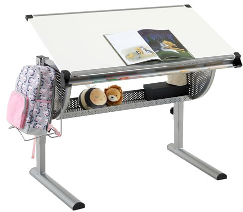 IDIMEX Kinderschreibtisch MADS Schülerschreibtisch Jugendschreibtisch mehrfach höhenverstellbar und neigbar, weiß, mit Bücher- und Ablagefach,abnehmbare Rucksackhalterung, stabiles Metallgestell