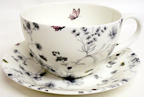 Secret Garden Breakfast Cup & Saucer Fine Bone China Flowers Butterflies & Bees Large Cup Saucer Set Hand Decorated in UK