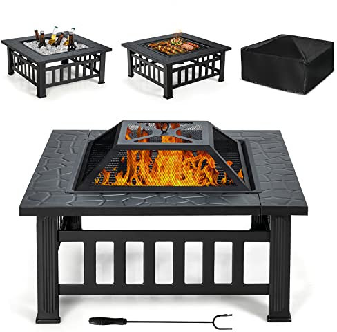 COSTWAY Brasero Extérieur pour Jardin, 81x81x50cm, Foyer Carré 3 en 1 avec Pare-étincelles, Grille Porte-bûches, Gril pour Barbecue, Tisonnier et Couvercle, pour Pique-Nique Camping (Noir)