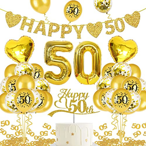Goldene Hochzeit Deko, - HAPPY 50 Banner, Zahl Foil Luftballons und Latexballon, Gold Zahl 50 Konfetti, Cake Topper für Jubiläum Hochzeit Deko, 50. Geburtstag Deko (goldene hochzeit)