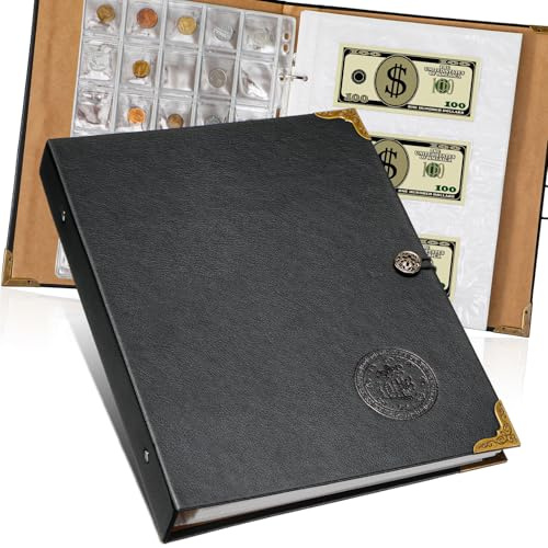 Zonon Currency Album Coin Collecting Book Holder with 150 Coin Pockets and 240 Paper Currency Pockets, PU Leather Album Collection Book Penny Storage(Black)