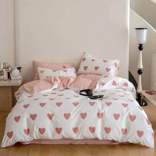 Nayoroom Herz Bettwäsche 155x220 Weiß Rosa Herzchen Bettbezug und Kissenbezug 80x80 cm Microfaser Aesthetic Pink Herzen Bettwäsche Set mit Reißverschluss