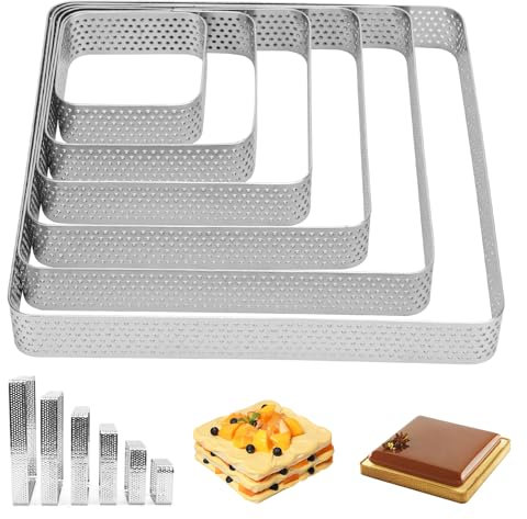 Bwetomk Lot de 6 anneaux à tarte perforés en acier inoxydable de 5 à 15 cm, résistants à la chaleur, anneaux de mousse poreux, anneaux à tarte carrés en métal pour pâtisserie, dessert, bricolage,