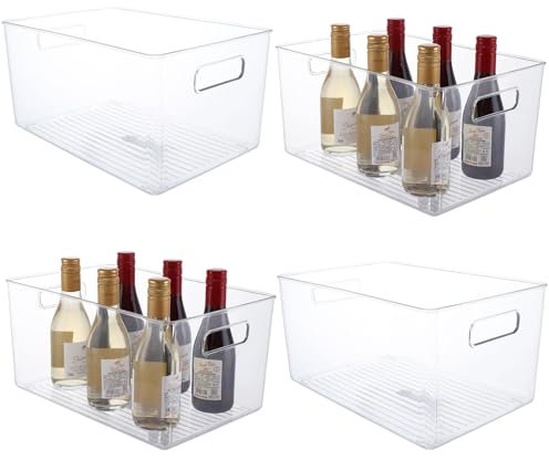 MEIDIV 4 Pack Fridge Organisers, 29x20x15.5cm Pantry Organizers and Storage, Food Storage Basket, Clear Plastic Storage Bins for kitchen Bathroom Freezer Cabinet Pantry storage