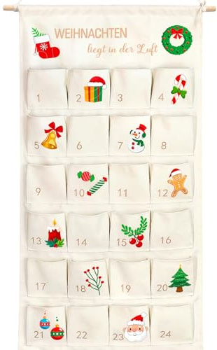 Shining She 2025 adventskalender för fyllning av tyg, 100 x 50 cm julkalender för fyllning, återanvändbar med 24 fickor, adventskalender för att hänga på vägg, dörr, juldekoration