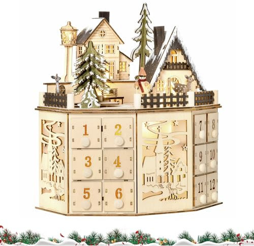 Holz Adventskalender Holz Adventskalender mit 24 Schubladen LED Beleuchtet Weihnachten Adventskalender mit Musik Leerer Adventskalender zum Selbstbefüllen Countdown Feiertagsgeschenke
