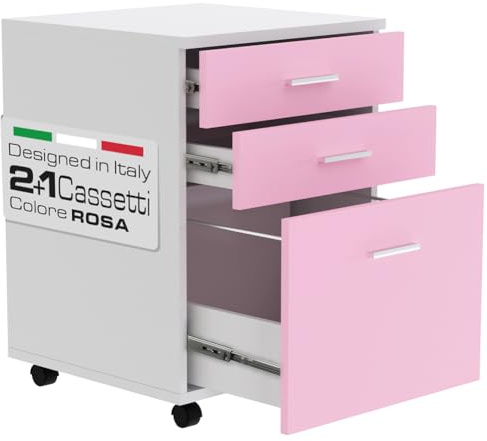 BAKAJI Cassettiera Mobile Scrivania Mobiletto Porta Stampante in Legno MDF con 3 Cassetti e 4 Ruote Girevoli Design Moderno Arredamento Casa Ufficio Dimensione 46,5 x 45 x 64 cm (Rosa)
