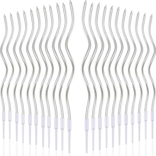 KMFYMPT 24 Pezzi Candela Compleanno, Metallico Candeline, Candele Torta Compleanno, Sottile Candele con Supporti, Candela a Spirale Cupcake, per Anniversario, Nozze, Partito, Baby Shower (Argento)