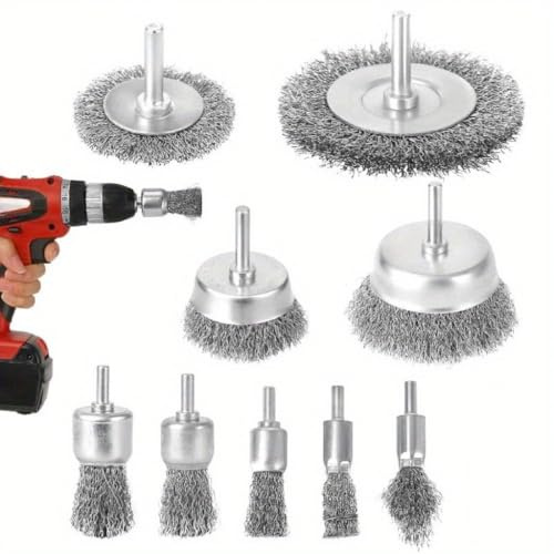 Set di 9 spazzole metalliche per trapano, fusto rotondo da 6 mm, spazzole in filo di acciaio per rimozione ruggine e colore, lavorazione del legno