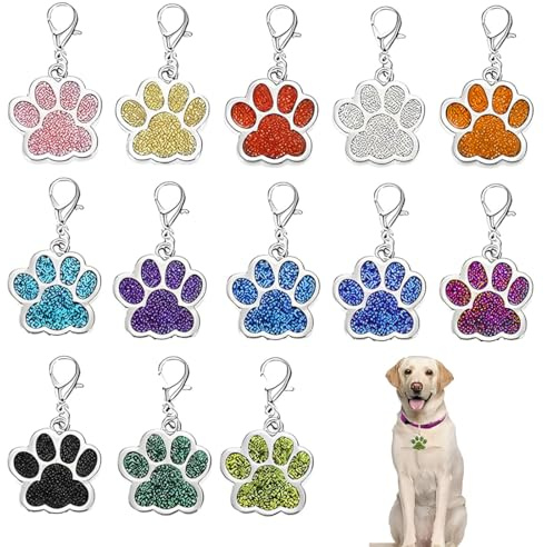 13 Piezas Chapa Perro Grabada en Forma de Pata con Purpurina, Placa Perro Personalizada para Perros y Gatos Pequeños y Medianos, Tamaño, Chapa Identificativa Perro y Gato