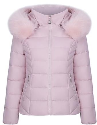 Puffer Coat for Women UK Cropped Puffer Jacket with Fur Hood Quilted Jacket Hooded Padded Coat Outdoor Down Bubble Coats Zip Up Casual Jackets Warm Coats Thermal Outerwear Outdoor Down Jackets