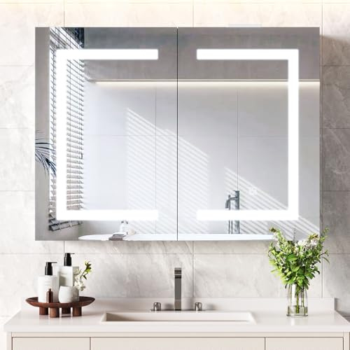 Snughome Bathroom Medicine Cabinet with Mirror & LED Lights, Wall Mount Bathroom Mirror with Storage, Built-in Power Outlets, Dimmable 3 Color Temp, Anti Rust Easy to Install, 31.5 x 23.6