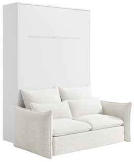 Vente-unique-Cama abatible 140 x 200 cm - Apertura Vertical Manual - con Leds - Blanco + Sofá - RAPILI
