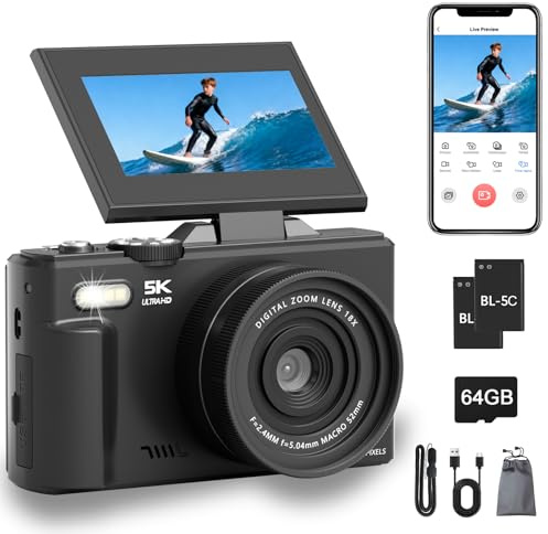 5K Digital Camera, 75MP WiFi Vlogging Camera with 180° Flip Screen, Autofocus, 18X Zoom, 64GB Card, 2 Batteries, Compact Point and Shoot Digital Cameras for Beginner Teens Student Kids(Black)