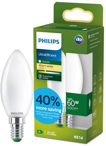 Philips LED UltraEfficient frostad B35 ljuskälla, E14 sockel, energiklass A, 806 lm, 60W ekvivalent, varmvit (2700K), EyeComfort, 50 000 timmar, 1 förpackning