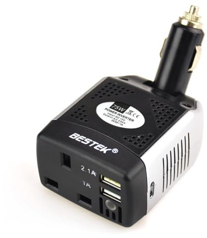 BESTEK 75W Car Charger Power Inverter DC 12V to AC 230V 240V Voltage Converter Transformer with UK Outlet Socket and Dual USB Ports Auto Adapter Plug for Phone Tablet Laptop