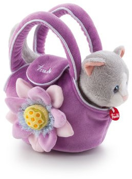 Trudi 29729 Plüschkatze in der Tasche 12x20x20 cm, Größe XS, hochwertiges Stofftier mit weichen Materialien und kuscheliger Tragetasche für die Katze, waschbar, Kuscheltier für Kinder, Grau/Lila