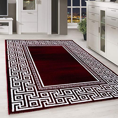 HomebyHome Teppich Wohnzimmer 120x170 cm Rechteckig Rot Kurzflor Bordüre Design - Teppich Schlafzimmer, Esszimmer, Küche Flauschiger Extra Weich Tepich Waschbär Einfache Reinigung