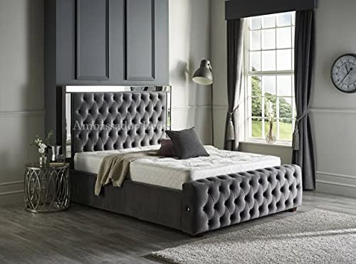 Winchester Mirrored bed frame, Velvet Bed Frame with Headboard/Velvet Upholstered Platform Bed Frame/Wood Slat Support/No Box Spring Needed (Dark Grey plush, Super King)