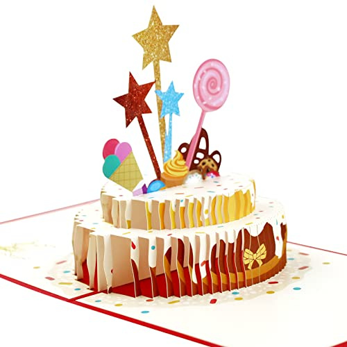 Tarjeta de felicitación 3D con diseño emergente en forma de tarta, tarjeta de felicitación con sobre, para amigos y familia (rojo)