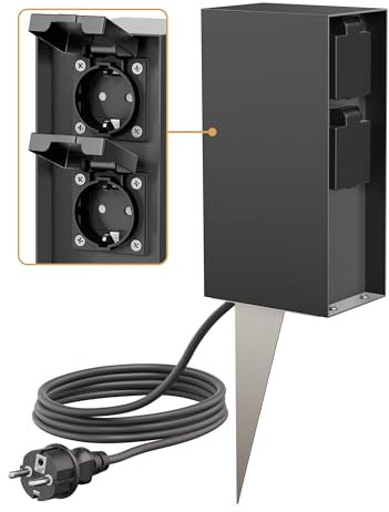 ledscom.de Colonne de Prises de Jardin POMI avec Piquet de Terre et 2m de câble pour l'extérieur, IP44, 4X, Anthracite, rectangulaire, 23cm