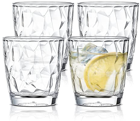 Reusable Plastic Tumblers - Set of 4 Plastic Cups for Kids and Adults - 300ml Crystal-Clear Drinking Tumblers for Water, Juice - Unbreakable and Durable Plastic Glasses, BPA Free (Clear)
