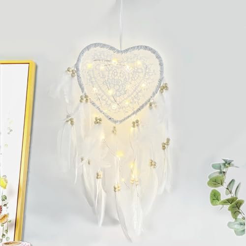 JZK Traumfänger aus Spitze in Herzform mit Lichtern für Mädchen und Frauen, Geburtstag, Traumfänger mit weißen Federn mit LED-Lichtern für Babyzimmer Dekoration, Dekoration