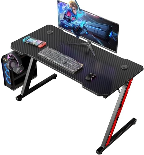 Homall 120 x 60 cm Scrivania Gaming Ergonomica, Tavolo Gaming con Piano del Tavolo in Fibra di Carbonio, Tavolo Gaming con Ganci per Cuffie, Nero