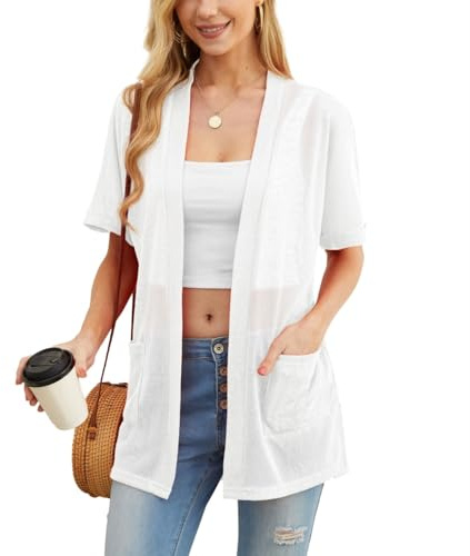 PrinStory Women's Cardigan Short Sleeve Open Front Cardigans V Neck Lightweight Outwear Loose Fit Tops With Pockets UK 14-16 (White, L)