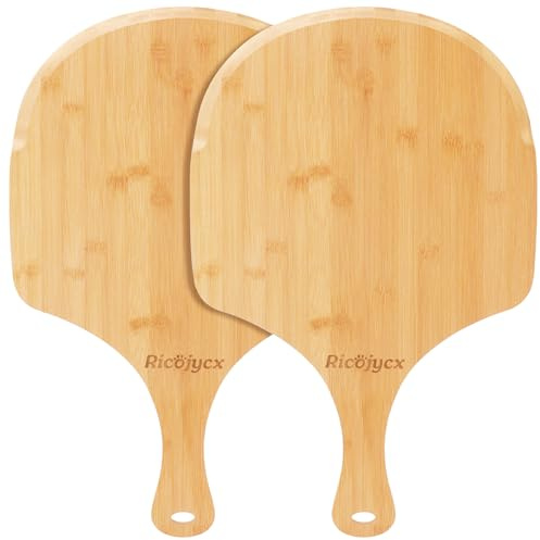RICOJYCX 2 Pack Natural Bamboo Pizza Peel 14 inch, Wood Pizza Paddle, Cutting Board with Handle for Pizza, Bread, Cheese, Vegetable, Fruits