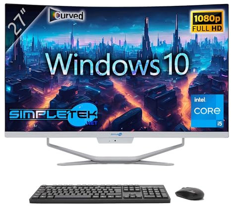SIMPLETEK - All in One AiO 27” FHD Curvo Windows 10 Core i5 fino 3,8 GHz 4GB RAM SSD 120GB Mouse Tastiera Wireless Webcam PC