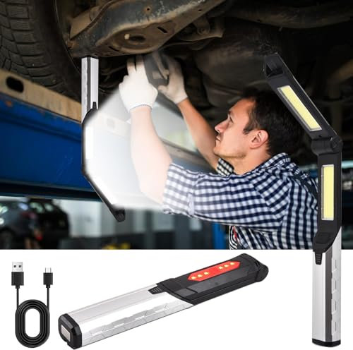 Yuragim LED Werkstattlampe, LED Akku Arbeitsleuchte mit Magnet und Haken, 180° Faltbar Werkstatt-Lampe 4 Leuchtmodi Weißes & Rotes Licht, Tragbare Werkstattleuchte für Auto Reparatur Werkstatt Camping