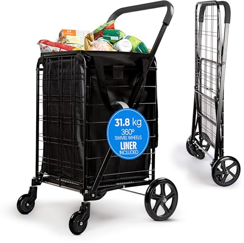 Serenelife Einkaufstrolley Klappbar, Einkaufswagen mit 50L Kapazität, Shopping Trolley bis 31.8kg Belastbar, Hackenporsche -Metall mit 360° Schwenkbare Räder, Tasche abnehmbar, Treppensteiger, Schwarz