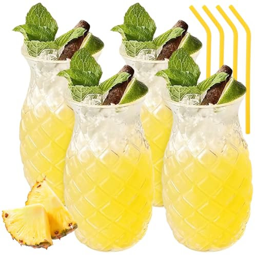 4 vasos de cóctel de 480 ml: copas de piña con 4 pajitas, vasos de cóctel transparentes con relieve de piña, copas de cóctel para fiestas, zumo de vino, copas de cóctel para familia, camping, bar