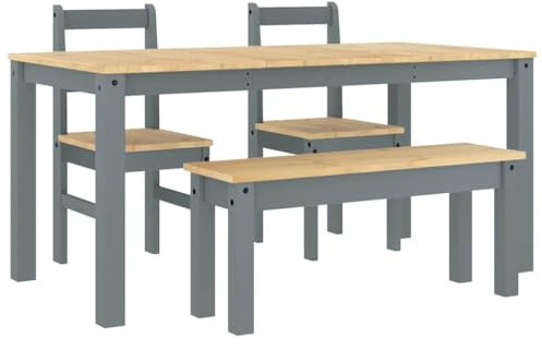 vidaXL 4-Piece Grey Dining Set - Solid Pine Wood - Rectangular Table, Bench & Chairs - Farmhouse Style for Kitchen/Dining Room
