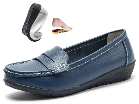 Mocassins orthopédiques pour femme en cuir respirant, large coupe mocassins classiques, mocassins de conduite, travail, chaussures d'allaitement, bleu marine, 37 EU