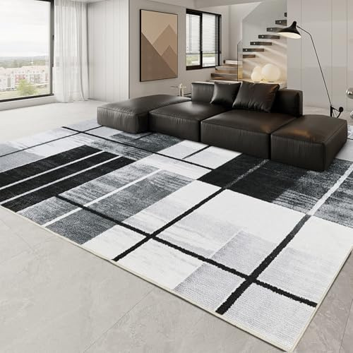 OMERAI Alfombra Moderna para Salón 120x170cm, Negro Gris Cuadros Lavable con Respaldo Antideslizante, Estilo Geométrico Pelo Corto para Dormitorio Cocina Comedor Oficina